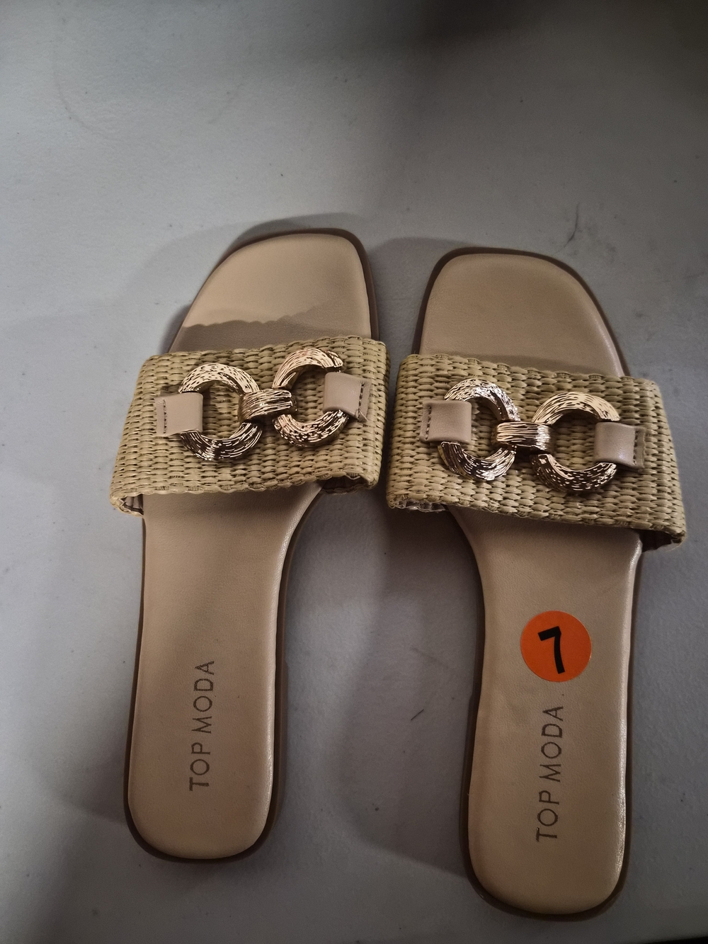 TOP Moda Tan Raffia Slide Sandals with Gold Chain Accent